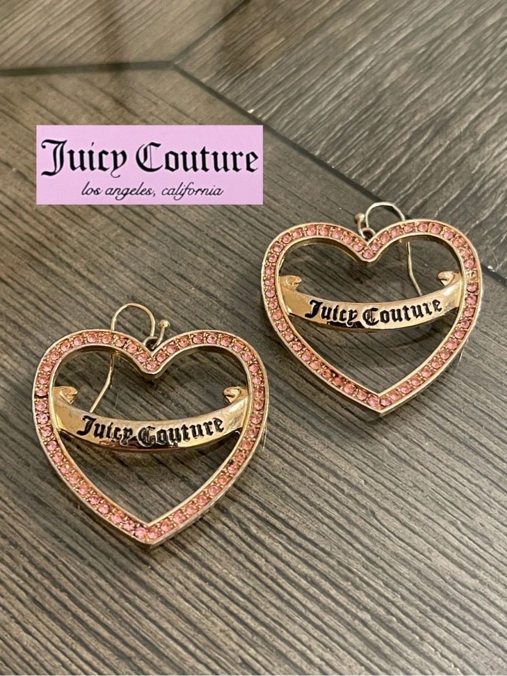 Juicy Couture Pave Heart Hoop Earrings Pink Rhinestone Accents